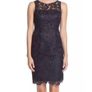 Adrianna Papell, Illusion Bodice Lace Sheath Dress, Midnight Blue Women’s 4